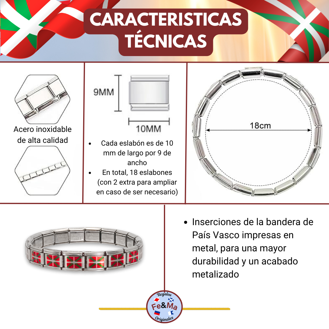 Pulsera con Bandera de País Vasco – Acero Inoxidable, Regalo Original de Comunidad Autónoma