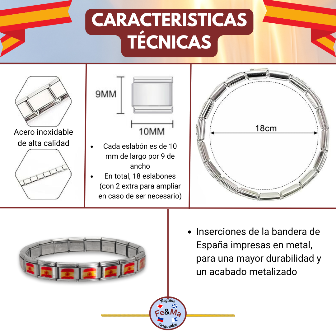 Pulsera con la Bandera de España con Escudo – Acero Inoxidable, Regalo Original con Orgullo Nacional