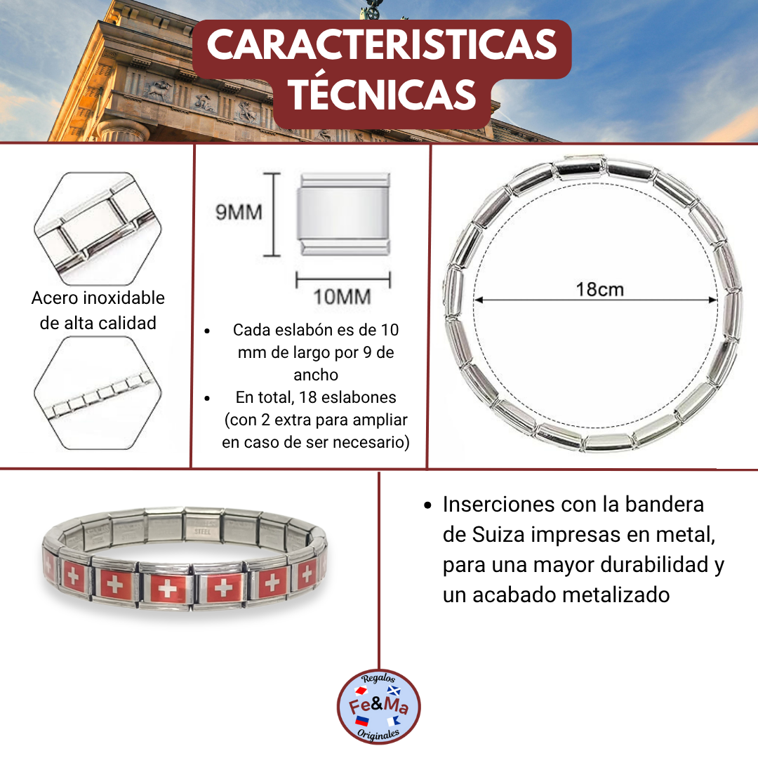 Pulsera con Bandera de Suiza – Acero Inoxidable, Regalo Original