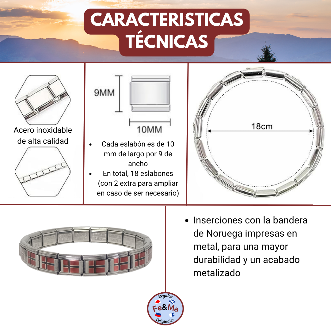 Pulsera con Bandera de Noruega – Acero Inoxidable, Regalo Original