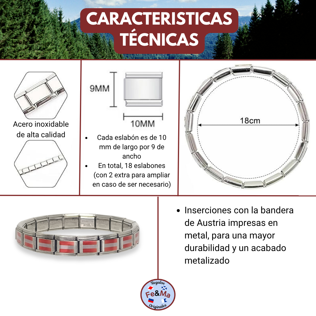 Pulsera con Bandera de Austria – Acero Inoxidable, Regalo Original