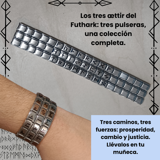 Pulsera Vikinga de Acero Inoxidable con Runas Nórdicas Plateada