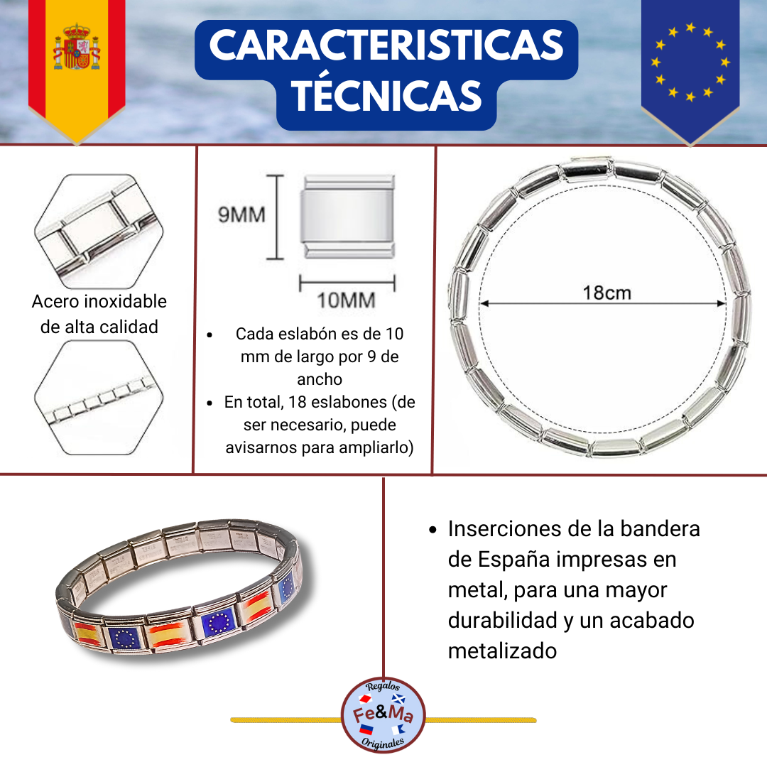 Pulsera de la Bandera de España y la Unión Europea en Eslabones de Acero Inoxidable | Orgullo y Elegancia