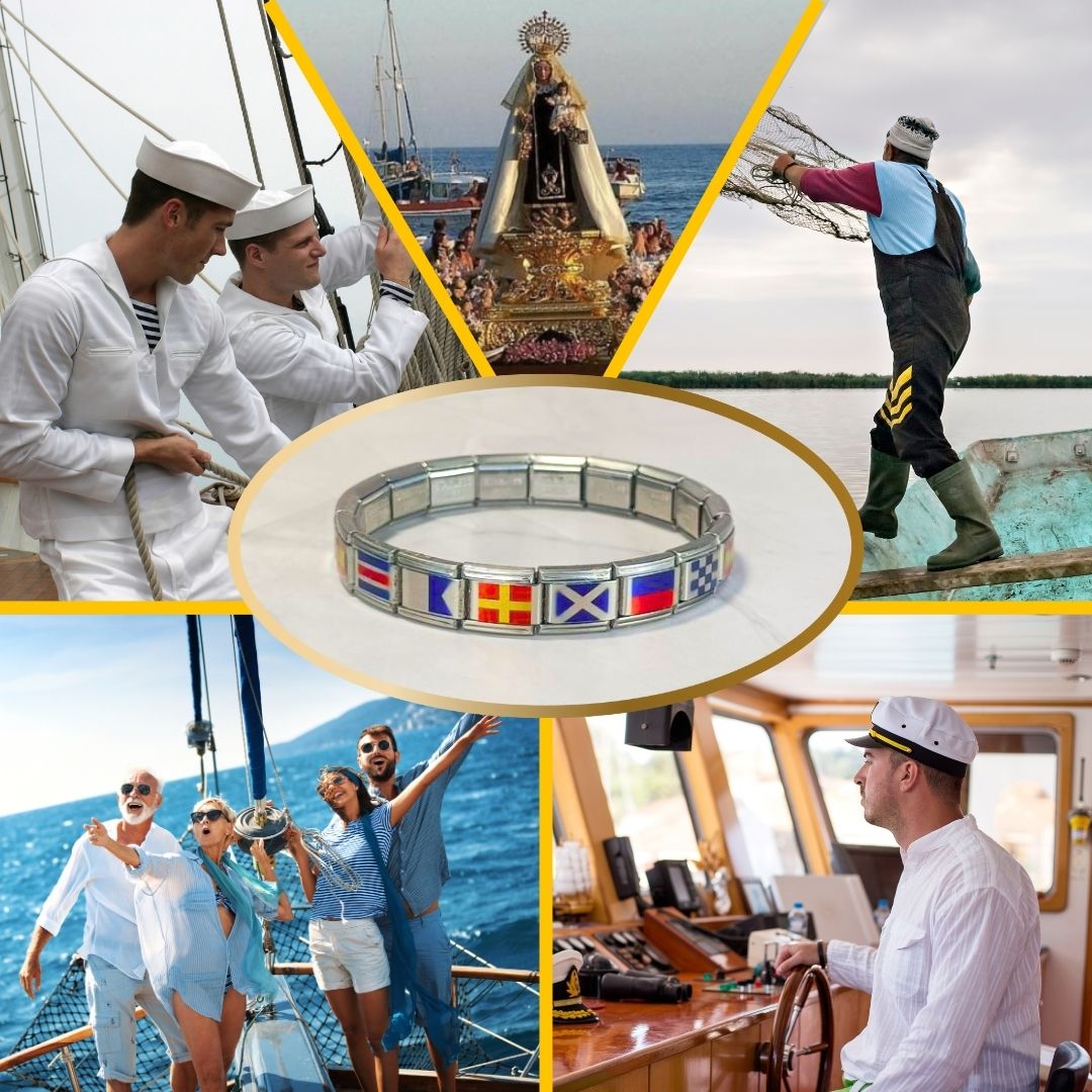 Pulsera de Banderas Náuticas - Diseño con el nombre de la Virgen del Carmen con Banderas de España - Inspirada en la Patrona de los Marineros