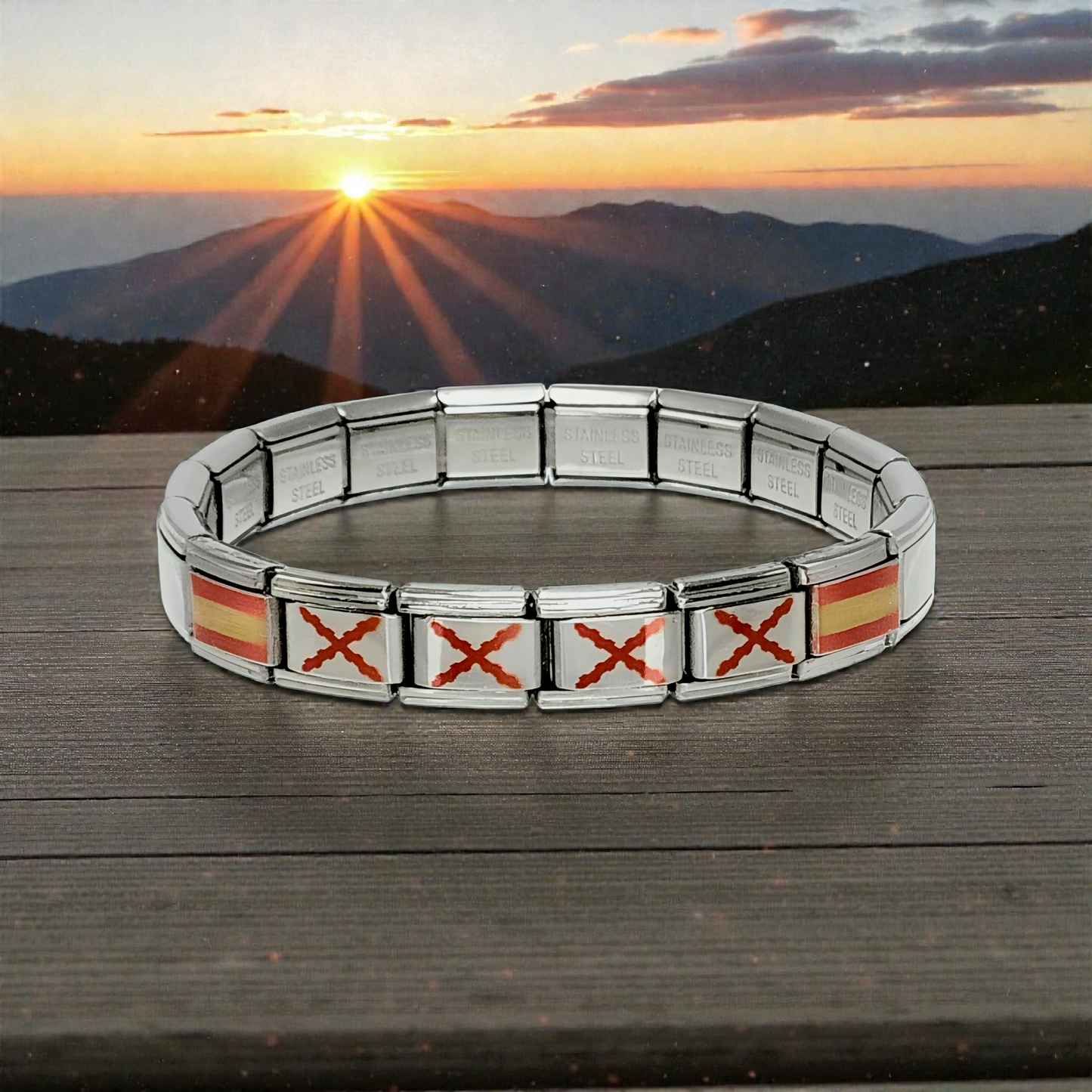 Pulsera Cruz de Borgoña y Bandera de España - Acero Inoxidable Brillante