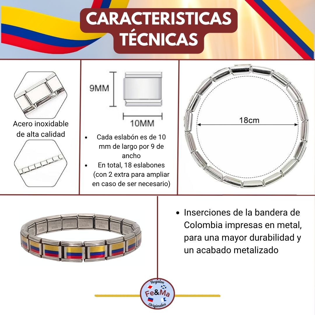 Pulsera con Bandera de Colombia – Acero Inoxidable, Regalo Original