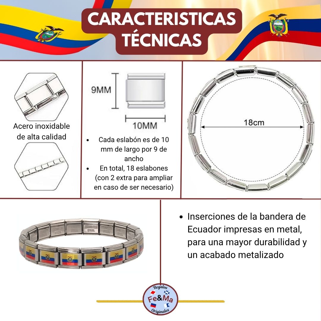 Pulsera con Bandera de Ecuador – Acero Inoxidable, Regalo Original