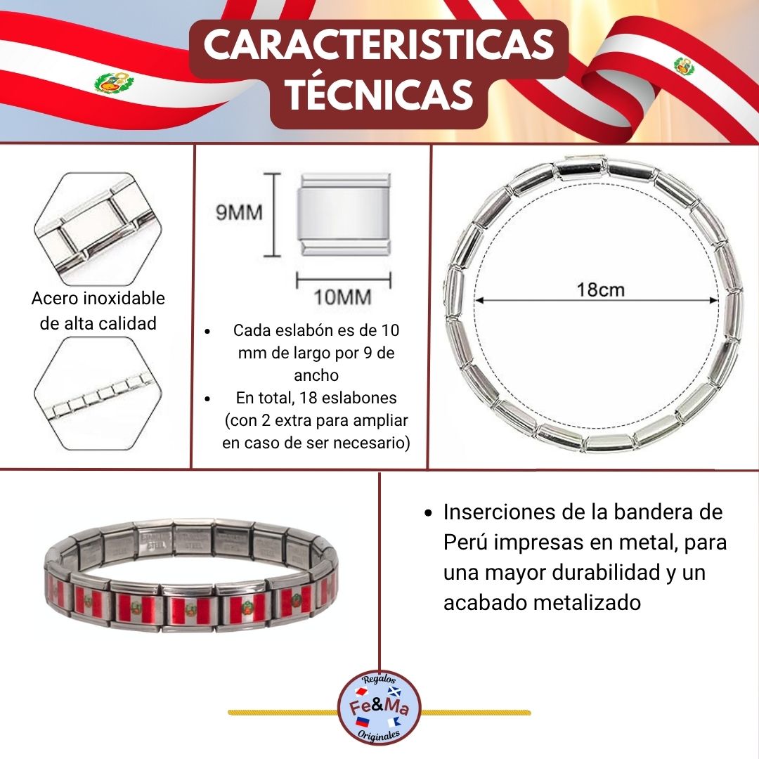 Pulsera con Bandera de Perú – Acero Inoxidable, Regalo Original