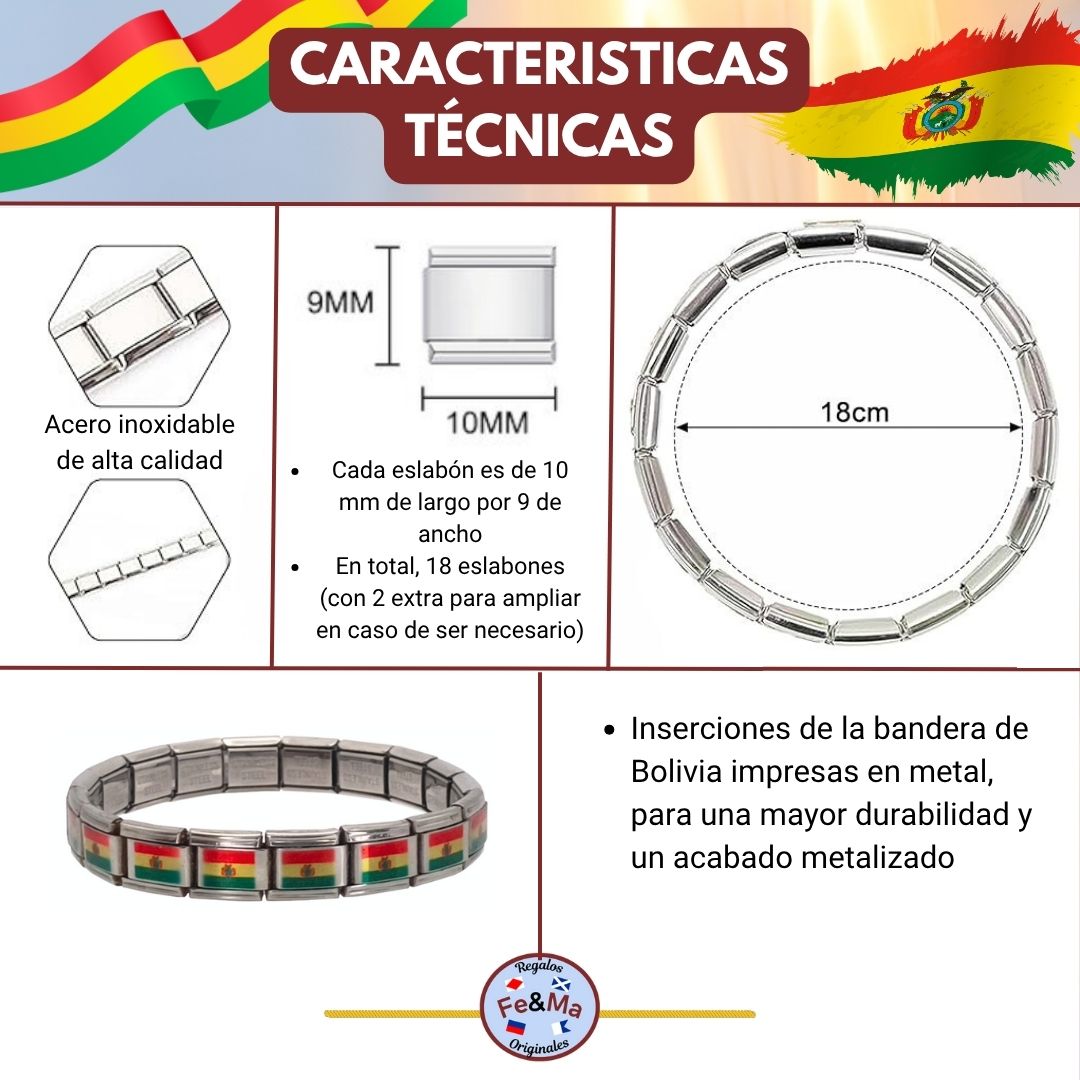 Pulsera con Bandera de Bolivia – Acero Inoxidable, Regalo Original