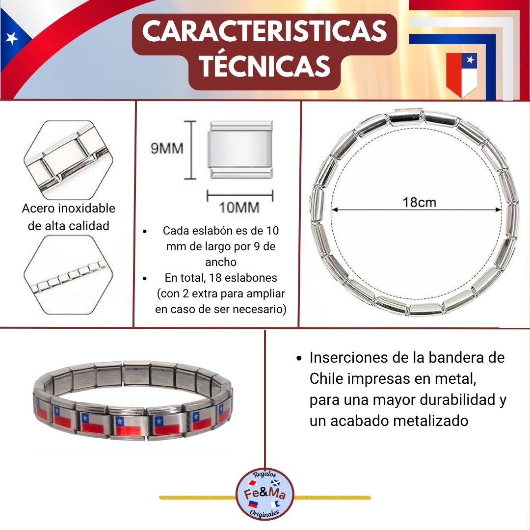 Pulsera con Bandera de Chile – Acero Inoxidable, Regalo Original