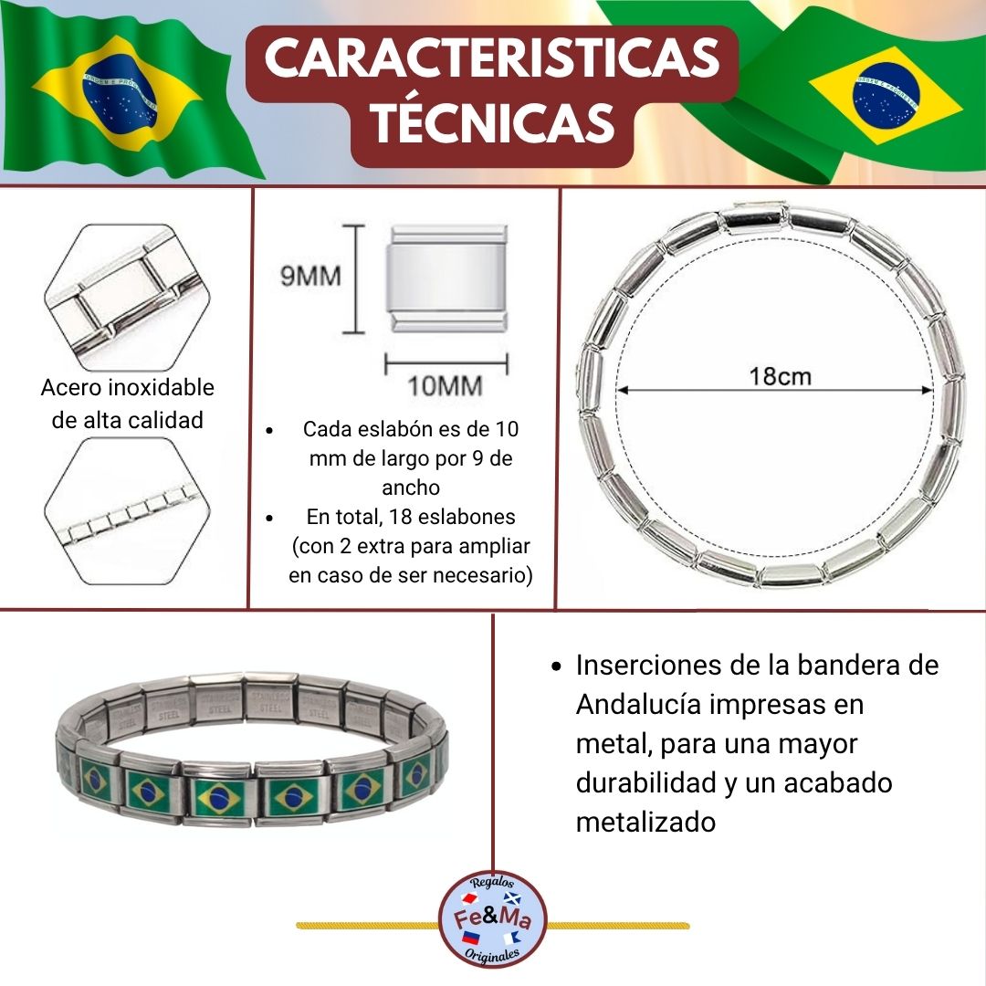 Pulsera con Bandera de Brasil – Acero Inoxidable, Regalo Original