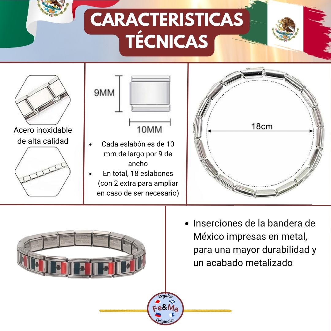 Pulsera con Bandera de Mexico – Acero Inoxidable, Regalo Original