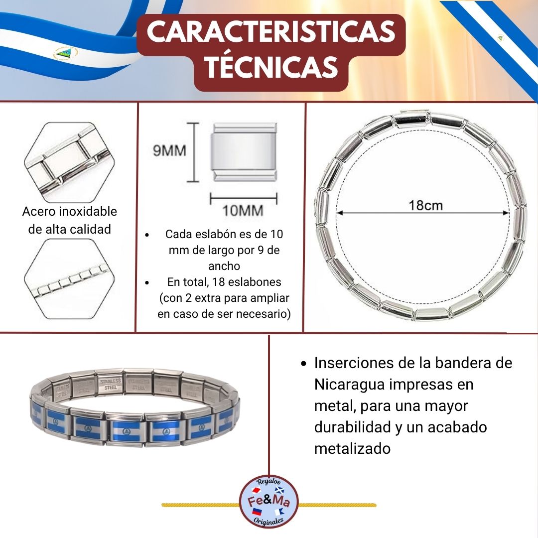 Pulsera con Bandera de Nicaragua – Acero Inoxidable, Regalo Original