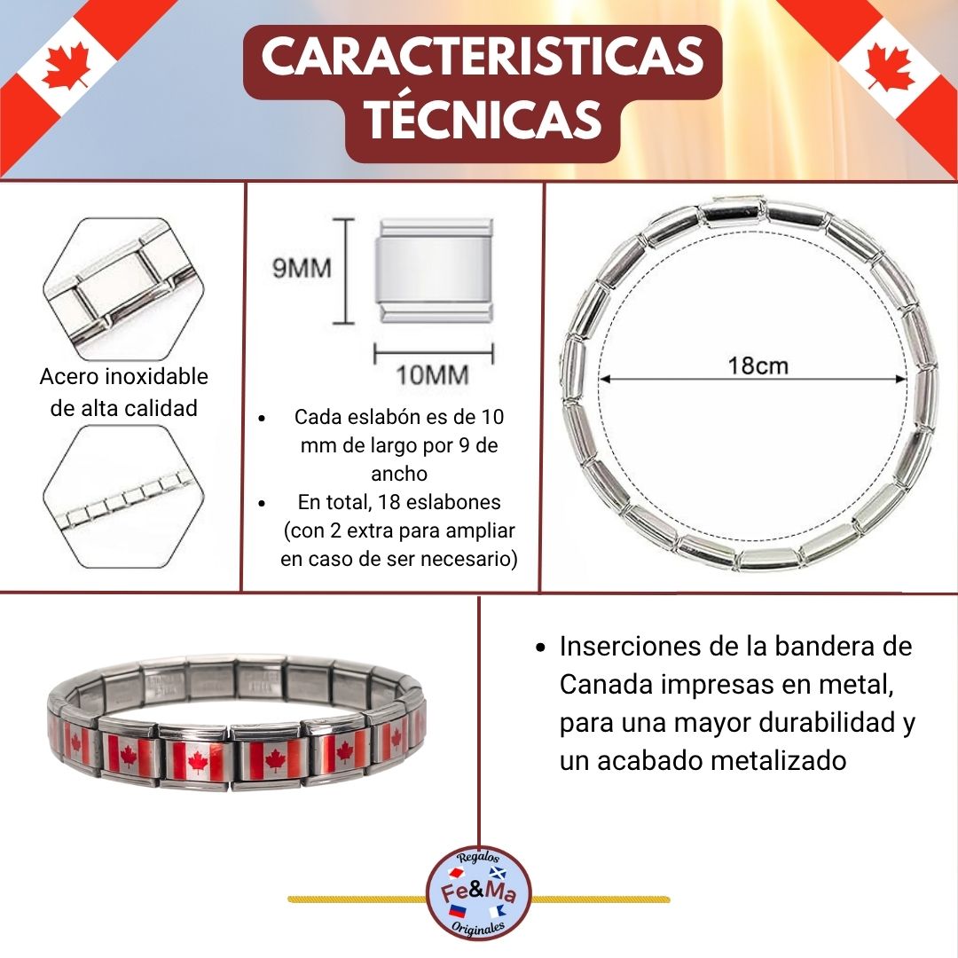 Pulsera con Bandera de Canadá – Acero Inoxidable, Regalo Original