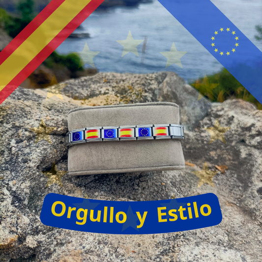Pulsera de la Bandera de España y la Unión Europea en Eslabones de Acero Inoxidable | Orgullo y Elegancia