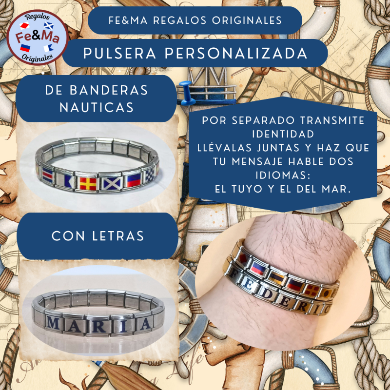 Presentación de ambos tipos de pulsera personalizada, una con banderas y la otra con letras, con sugerencia de combinarlas para una presentación ideal