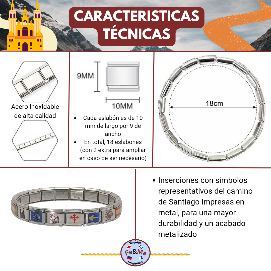 Pulsera del Camino de Santiago - Símbolos del Peregrino en Acero Inoxidable