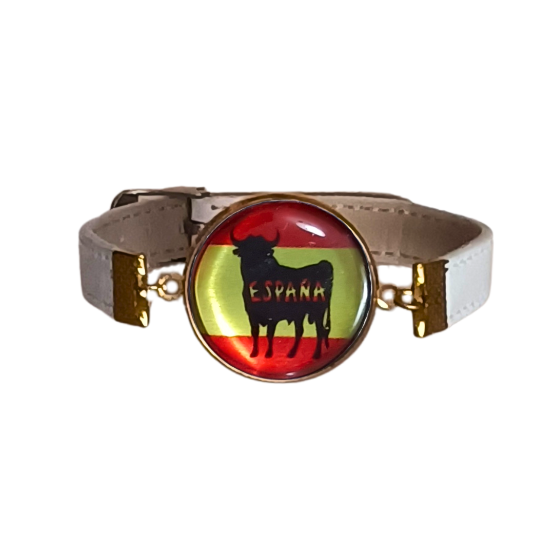 Pulsera con Bandera de España con Toro - Medallón en Correa Ajustable, Regalo Original con Orgullo Nacional