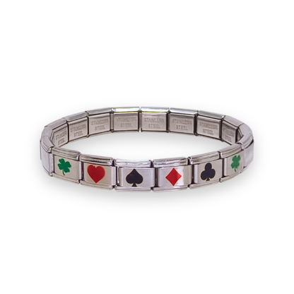 Pulsera de la Buena Suerte en Acero Inoxidable Plateada – Trébol, Corazón, Diamante y Pica