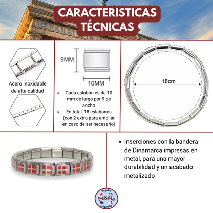 Pulsera con Bandera de Dinamarca – Acero Inoxidable, Regalo Original