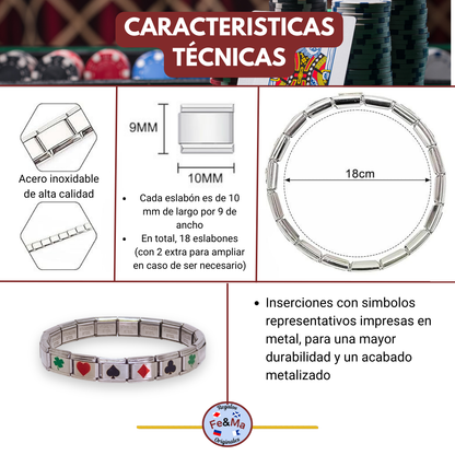 Pulsera de la Buena Suerte en Acero Inoxidable Plateada – Trébol, Corazón, Diamante y Pica