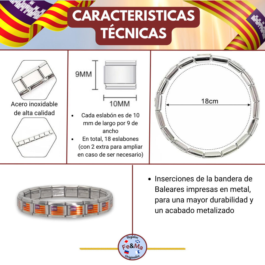 Pulsera con Bandera de Baleares – Acero Inoxidable, Regalo Original de Comunidad Autónoma