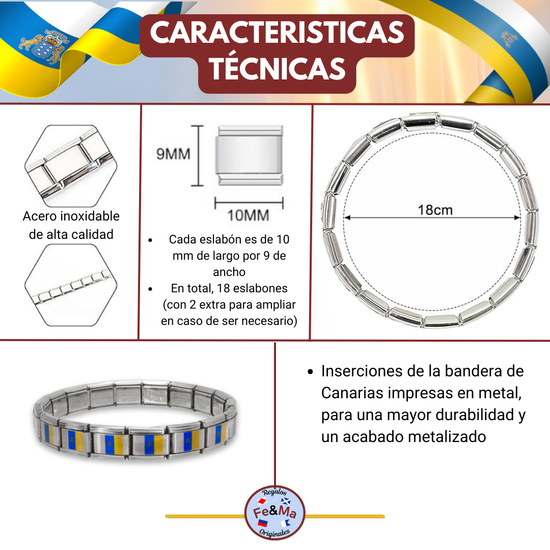 Pulsera con Bandera de Canarias – Acero Inoxidable, Regalo Original de Comunidad Autónoma