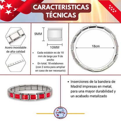 Pulsera con Bandera de Madrid – Acero Inoxidable, Regalo Original de Comunidad Autónoma
