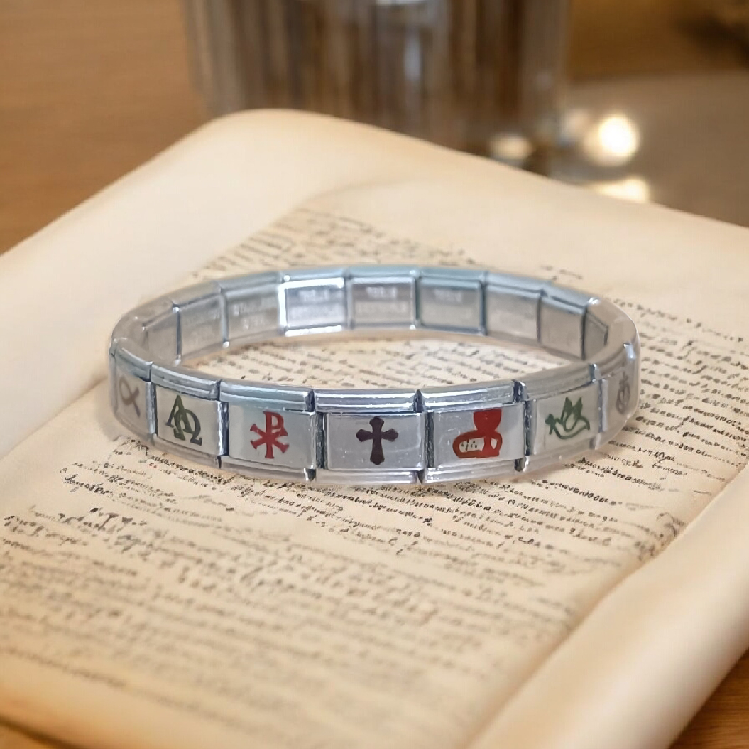 Pulsera Cristiana con Símbolos Religiosos en Acero Inoxidable – Diseño Conmemorativo con 7 Iconos (Cruz, Pez, Ancla, Crismón) – Pulsera Modular Ajustable