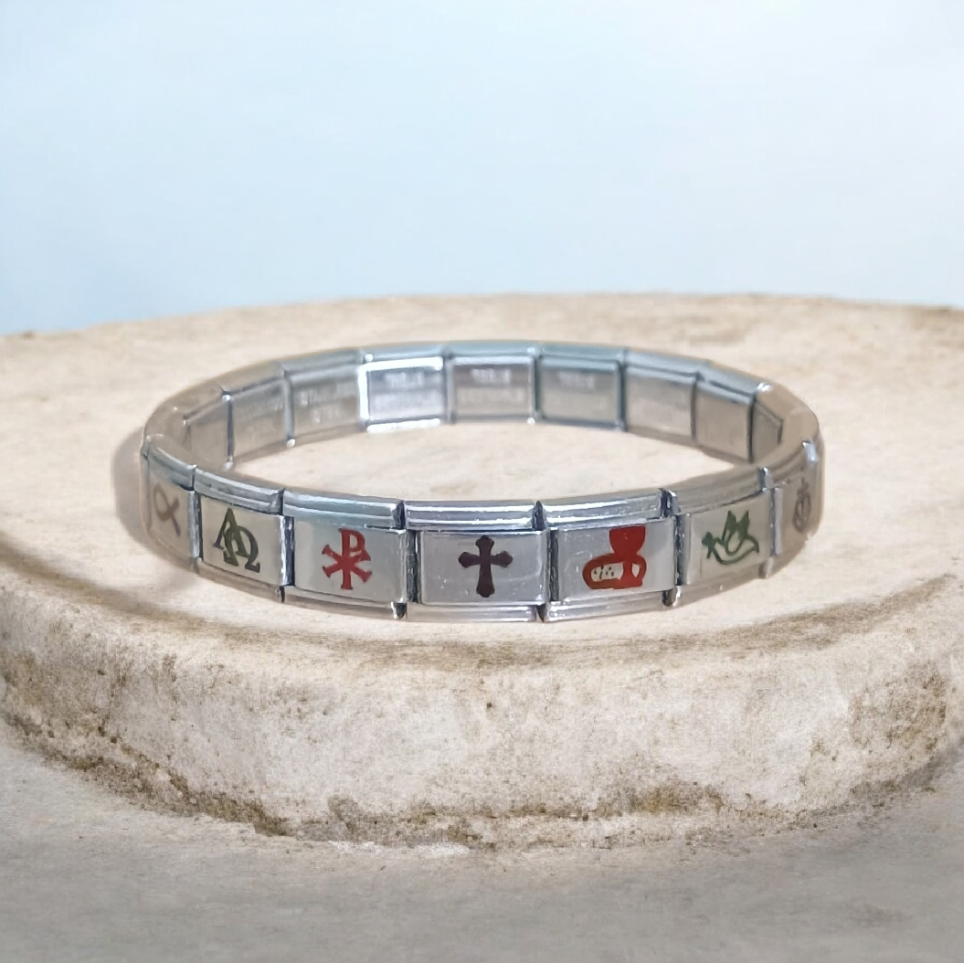 Pulsera Cristiana con Símbolos Religiosos en Acero Inoxidable – Diseño Conmemorativo con 7 Iconos (Cruz, Pez, Ancla, Crismón) – Pulsera Modular Ajustable