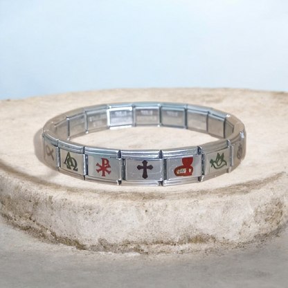 Pulsera Cristiana con Símbolos Religiosos en Acero Inoxidable – Diseño Conmemorativo con 7 Iconos (Cruz, Pez, Ancla, Crismón) – Pulsera Modular Ajustable