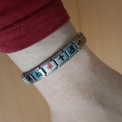 Pulsera Cristiana con Símbolos Religiosos en Acero Inoxidable – Diseño Conmemorativo con 7 Iconos (Cruz, Pez, Ancla, Crismón) – Pulsera Modular Ajustable