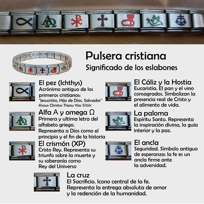 Pulsera Cristiana con Símbolos Religiosos en Acero Inoxidable – Diseño Conmemorativo con 7 Iconos (Cruz, Pez, Ancla, Crismón) – Pulsera Modular Ajustable