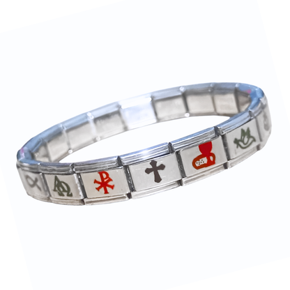 Pulsera Cristiana con Símbolos Religiosos en Acero Inoxidable – Diseño Conmemorativo con 7 Iconos (Cruz, Pez, Ancla, Crismón) – Pulsera Modular Ajustable