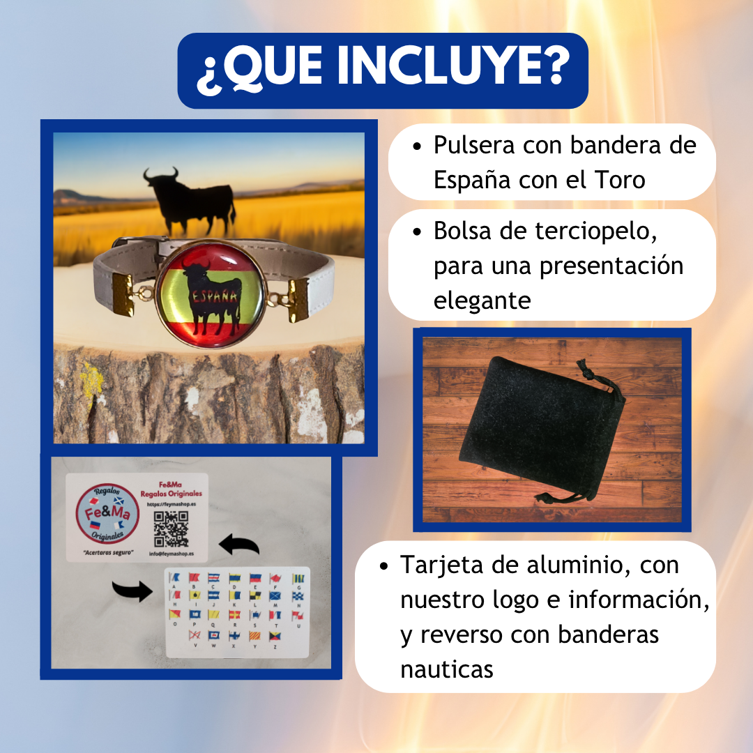 Pulsera con Bandera de España con Toro - Medallón en Correa Ajustable, Regalo Original con Orgullo Nacional