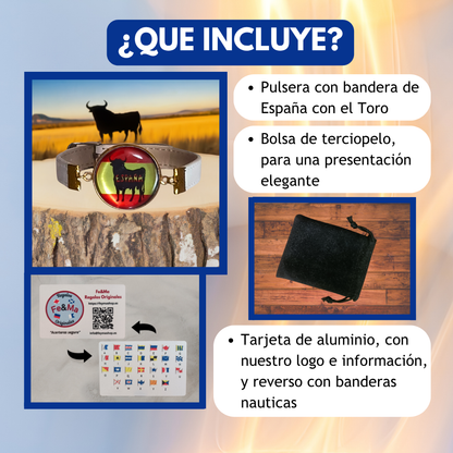 Pulsera con Bandera de España con Toro - Medallón en Correa Ajustable, Regalo Original con Orgullo Nacional