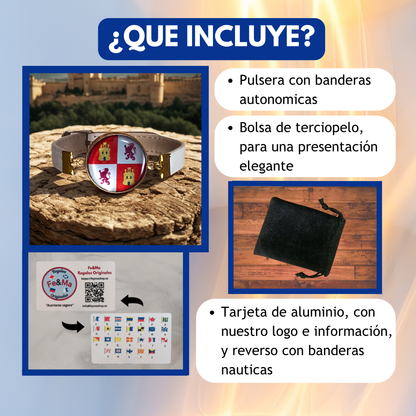 Pulsera con Bandera de Castilla y León - Medallón en Correa Ajustable, Regalo Original con Orgullo de Comunidad Autónoma