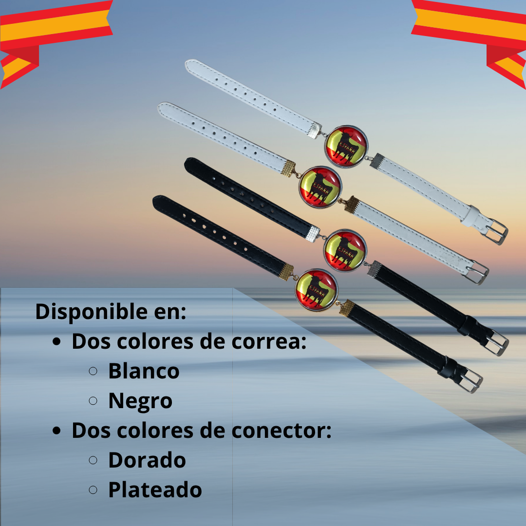 Pulsera con Bandera de España con Toro - Medallón en Correa Ajustable, Regalo Original con Orgullo Nacional