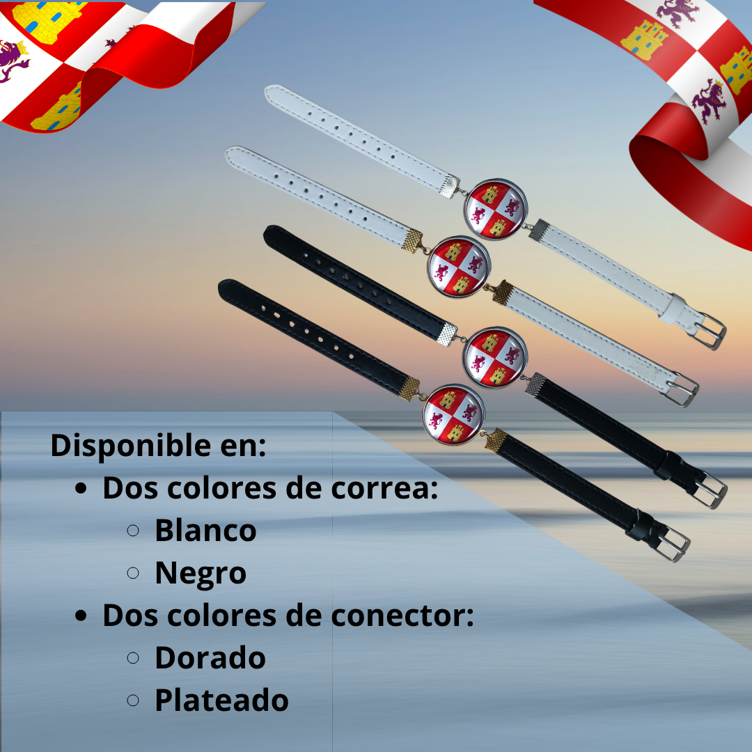 Pulsera con Bandera de Castilla y León - Medallón en Correa Ajustable, Regalo Original con Orgullo de Comunidad Autónoma