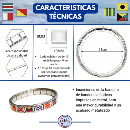 Pulsera de Banderas Náuticas - Diseño con el nombre de la Virgen del Carmen con Banderas de España - Inspirada en la Patrona de los Marineros