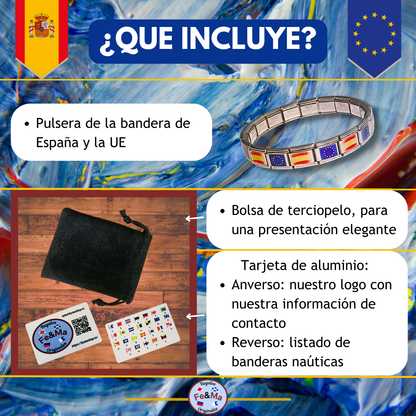 Pulsera de la Bandera de España y la Unión Europea en Eslabones de Acero Inoxidable | Orgullo y Elegancia