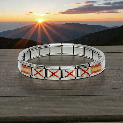 Pulsera Cruz de Borgoña y Bandera de España - Acero Inoxidable Brillante