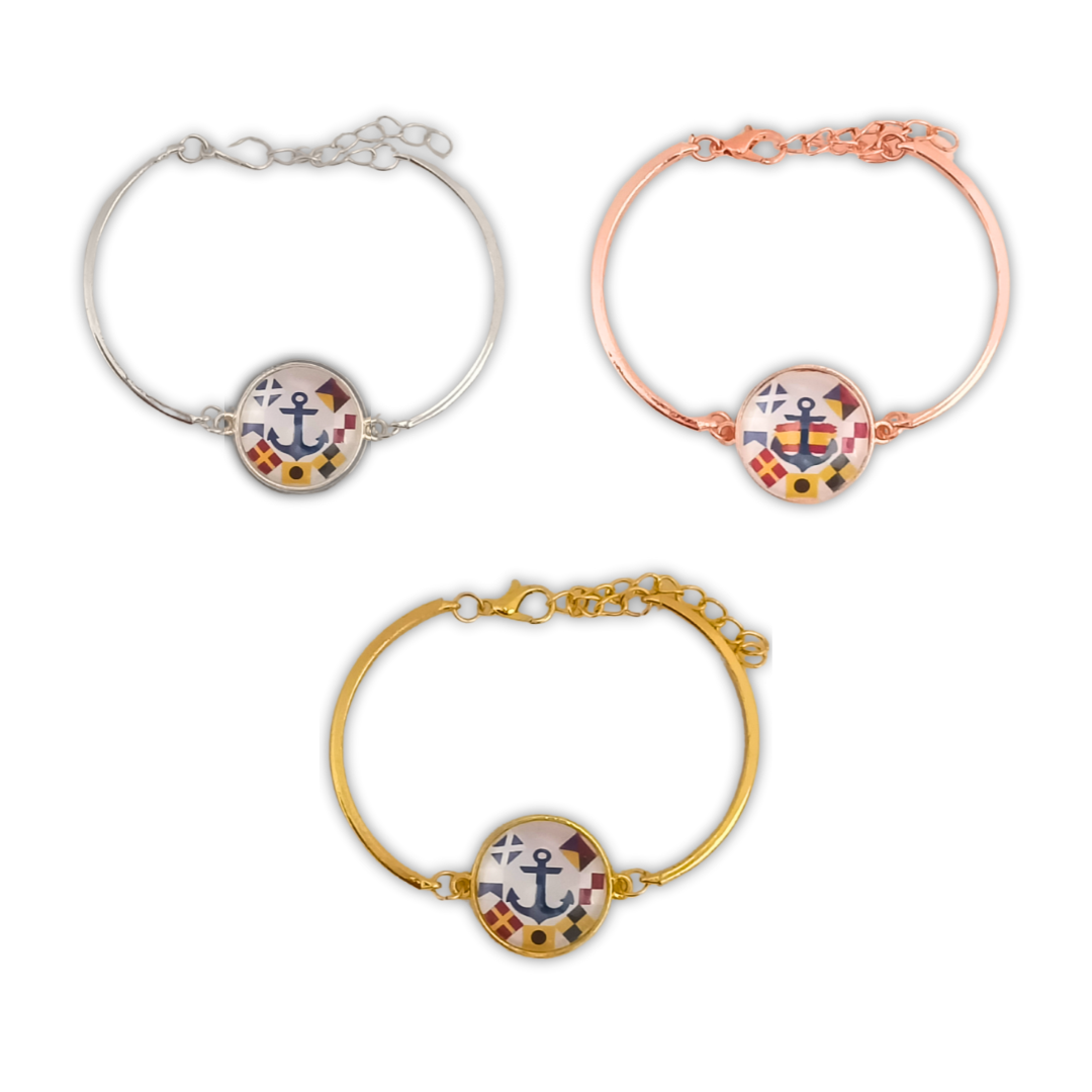 Pulsera Personalizada de Abrazadera con Dijes de Nombres en Banderas Náuticas de Acero Inoxidable