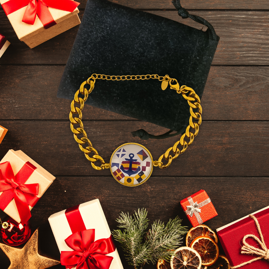 Pulsera Personalizada de eslabones cubanos con Medallón de Nombres en Banderas Náuticas de Acero Inoxidable