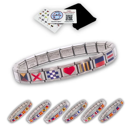 Pulsera personalizada con banderas náuticas, acompañada con la imagen de la bolsa de terciopelo y tarjeta de la tienda con la que viene y de varios ejemplos de potenciales personalizaciones en la parte inferior