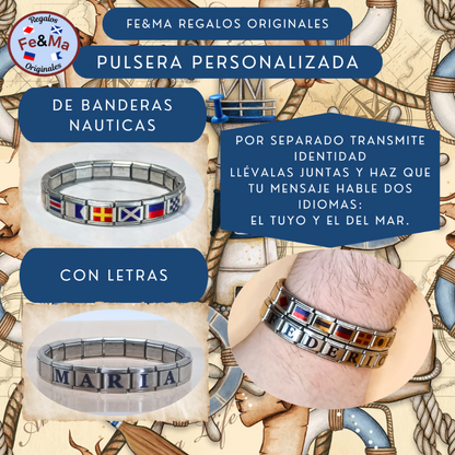Presentación de ambos tipos de pulsera personalizada, una con banderas y la otra con letras, con sugerencia de combinarlas para una presentación ideal