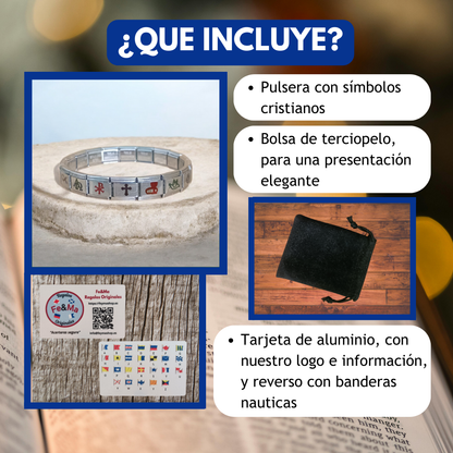 Pulsera Cristiana con Símbolos Religiosos en Acero Inoxidable – Diseño Conmemorativo con 7 Iconos (Cruz, Pez, Ancla, Crismón) – Pulsera Modular Ajustable