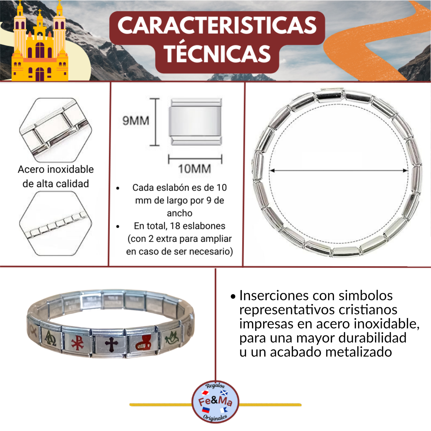 Pulsera Cristiana con Símbolos Religiosos en Acero Inoxidable – Diseño Conmemorativo con 7 Iconos (Cruz, Pez, Ancla, Crismón) – Pulsera Modular Ajustable