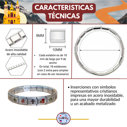 Pulsera Cristiana con Símbolos Religiosos en Acero Inoxidable – Diseño Conmemorativo con 7 Iconos (Cruz, Pez, Ancla, Crismón) – Pulsera Modular Ajustable