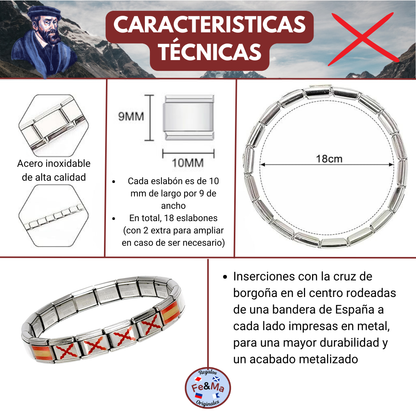 Pulsera Cruz de Borgoña y Bandera de España - Acero Inoxidable Brillante